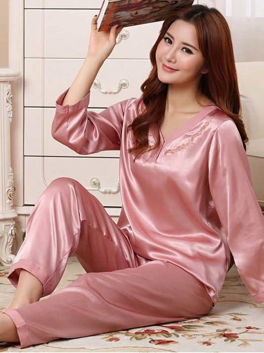 Embroidered Blouse Top Sleep Pants Set - Theone Apparel