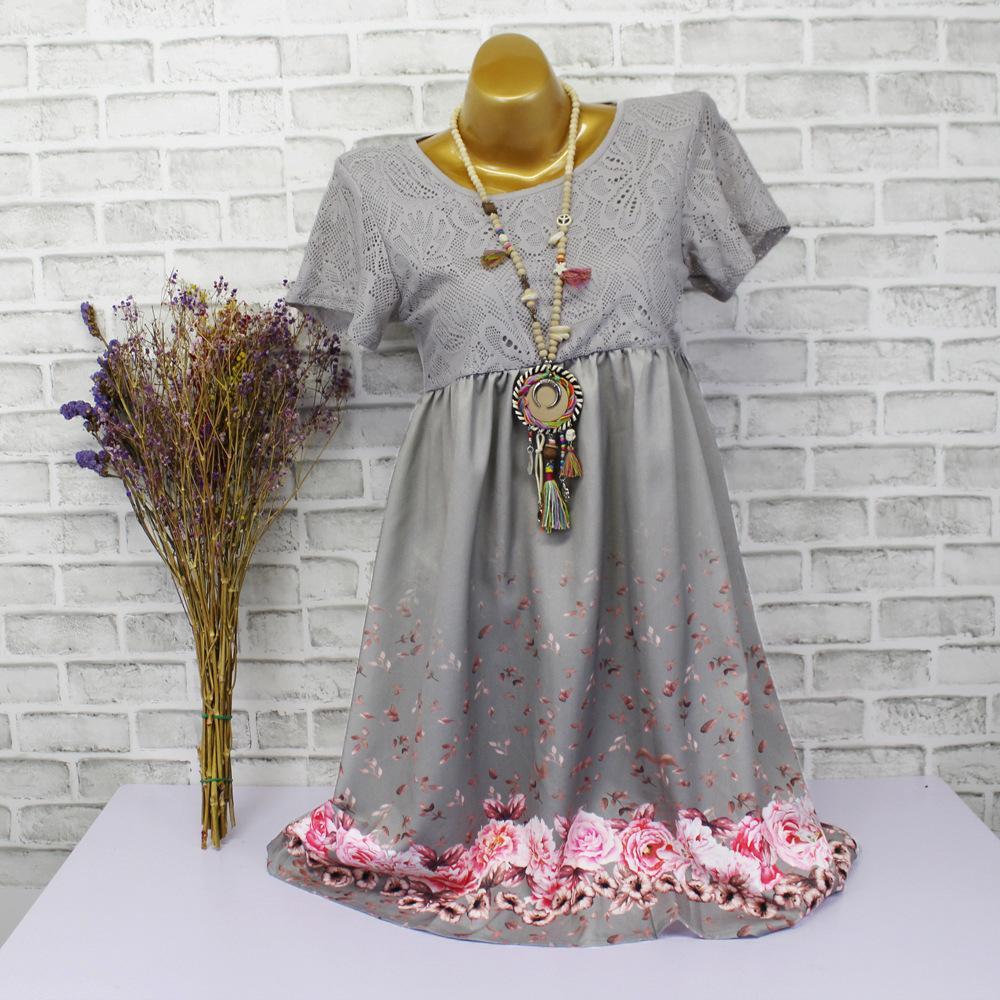 Pink Lace Rose Print Dress-Gray-Theone Apparel