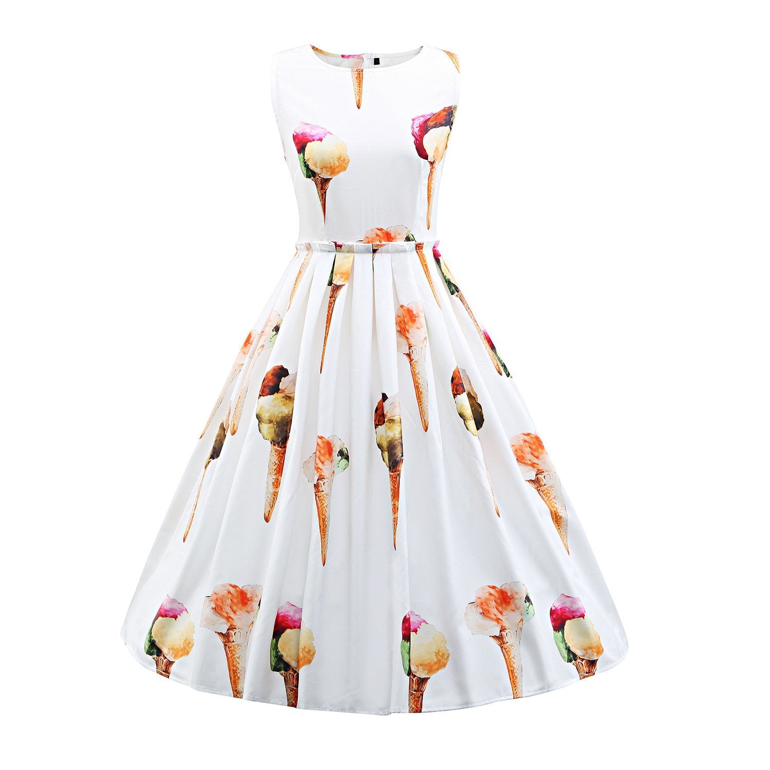 Pleated Dessert Print A Line Dress-White-Theone Apparel