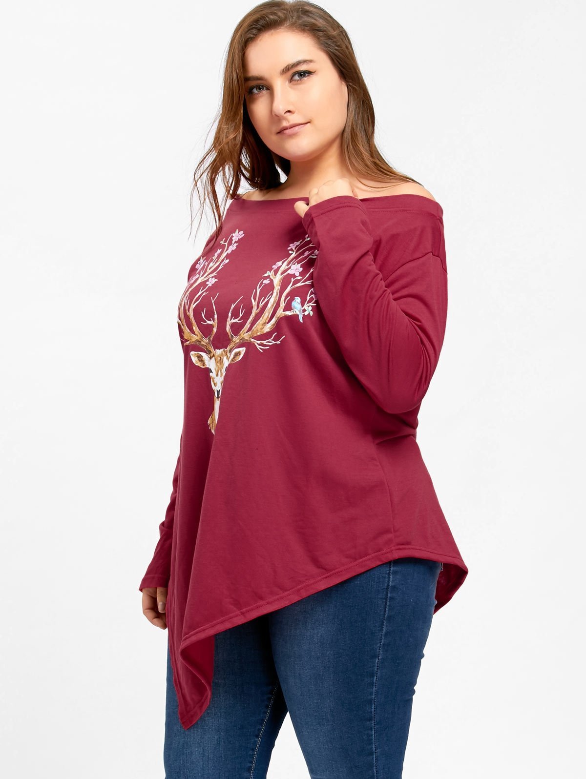 Plus Size Christmas Reindeer Asymmetrical Tee