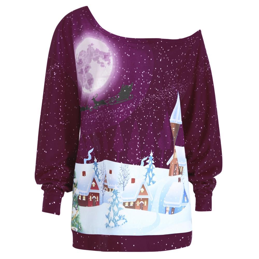 Plus Size Christmas Skew Neck Sweatshirt-Red-Theone Apparel