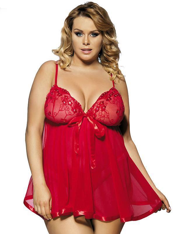 Plus Size Lingerie Babydoll Set-Red-Theone Apparel