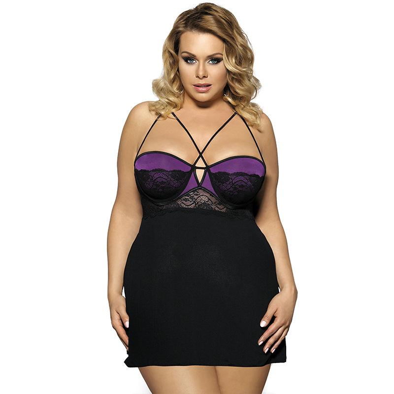 Plus Size Strappy Lacy Balconette Mini Dress-Black/Purple-Theone Apparel
