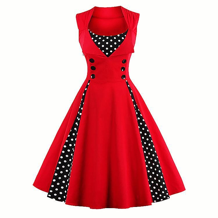 Polka Dot Pleats Retro Flair Dress-Red-Theone Apparel