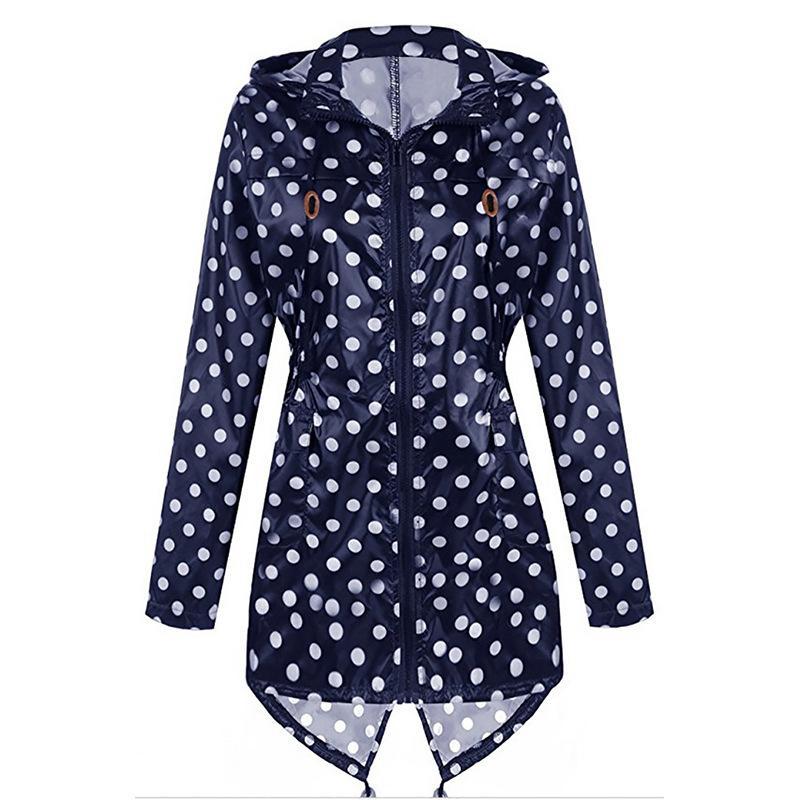 Polka Dot Print Hoodie Trench Coat-Dark Blue/White-Theone Apparel