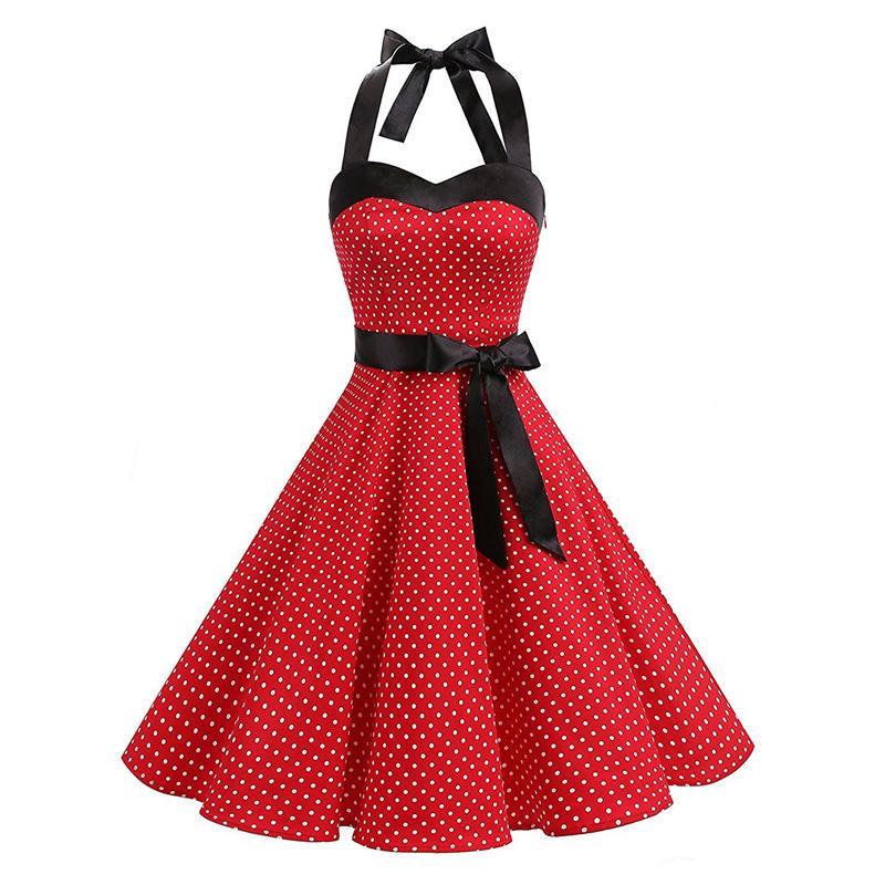 Polka Dotted Waist Tie Dress-Red-Theone Apparel