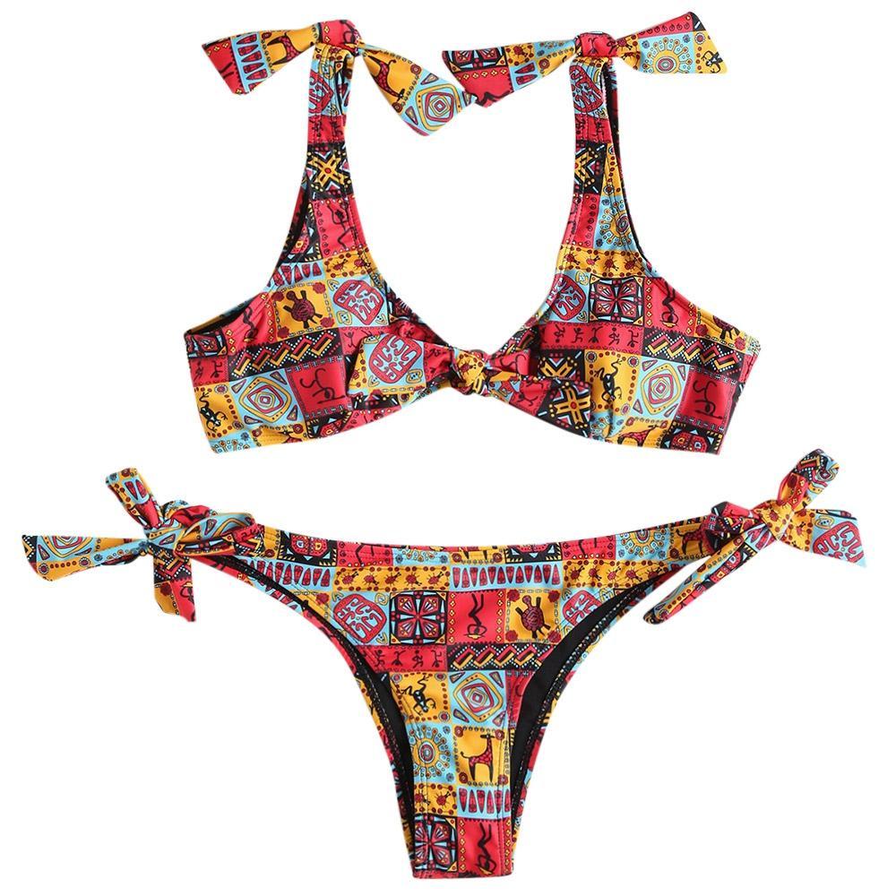 Bikini stampato con nodo cravatta laterale