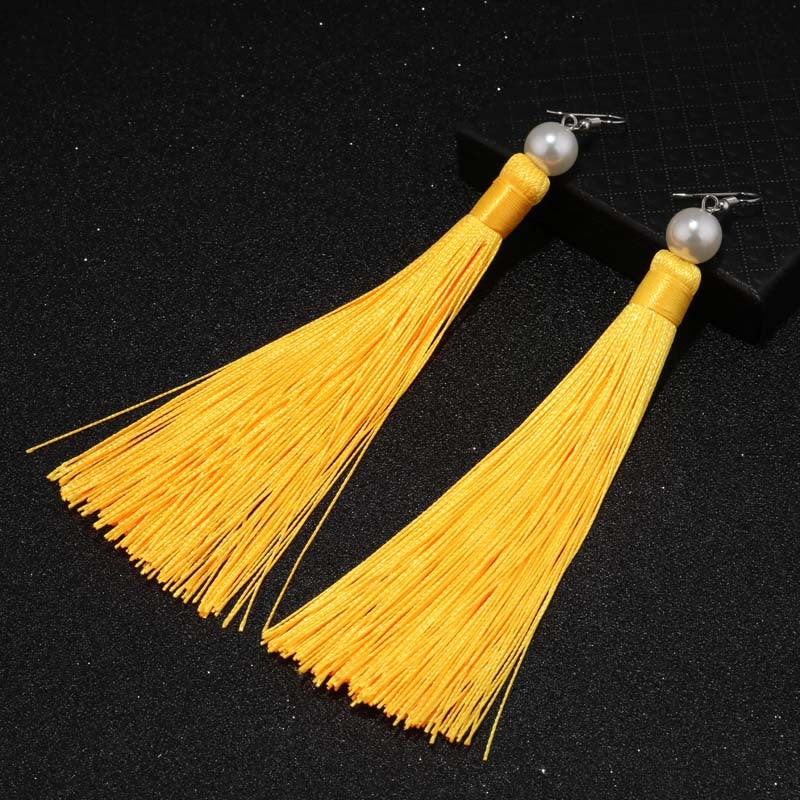 Red Tassel Pearl Drop Earrings-Yellow-Theone Apparel