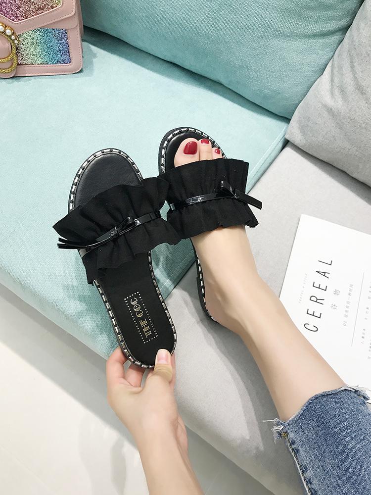 Ruffle Strap Stud Trim Slippers-Black-Theone Apparel