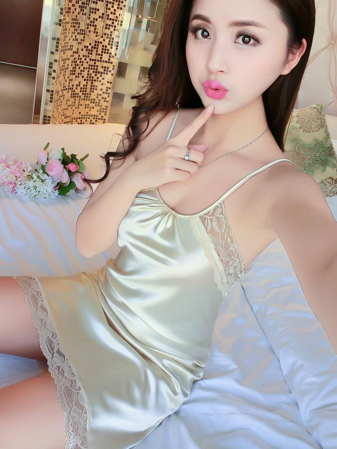 Satiny Chemise Dress with Lace Trim-Beige-Theone Apparel