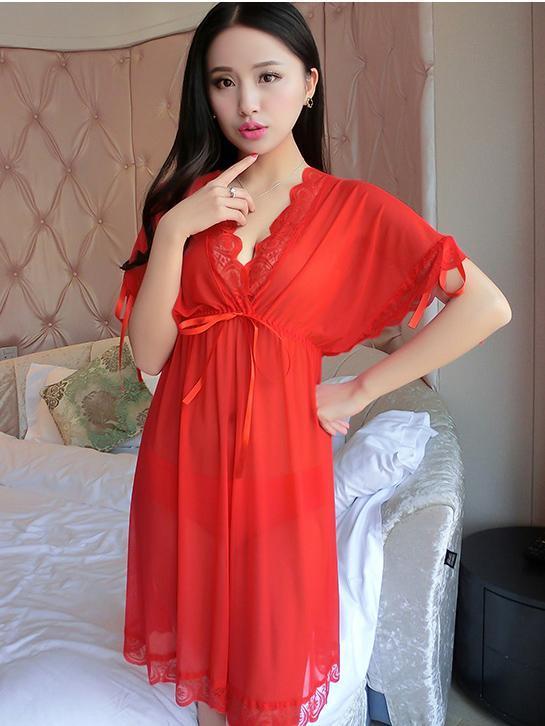 Sheer Tie-Front Coverup with Lace Trim-Red-Theone Apparel