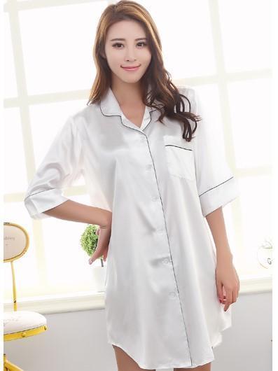 Silky Sleep Shirt with Piped Trim-White-Theone Apparel