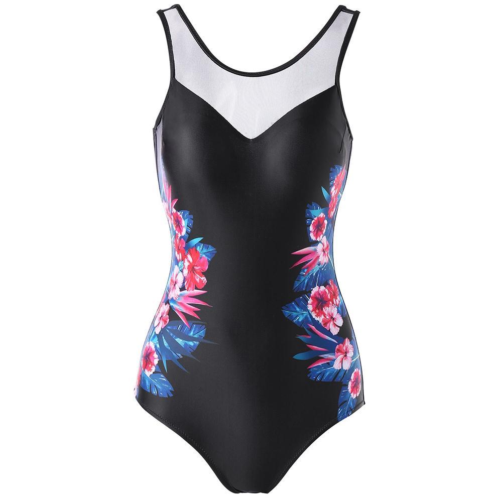 Simple Flower Print One Piece Swimwear