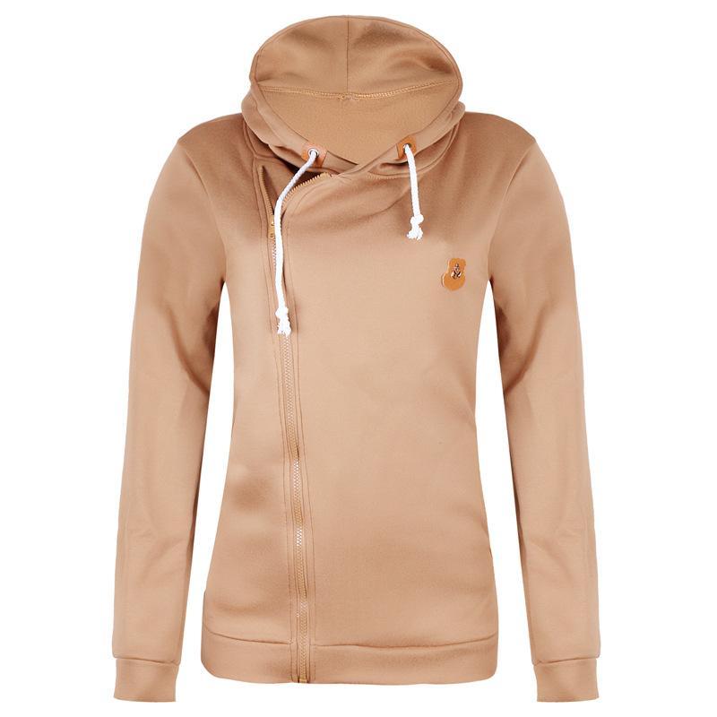 Size Zipper Pocketed Drawstring Hoodie-Khaki-Theone Apparel