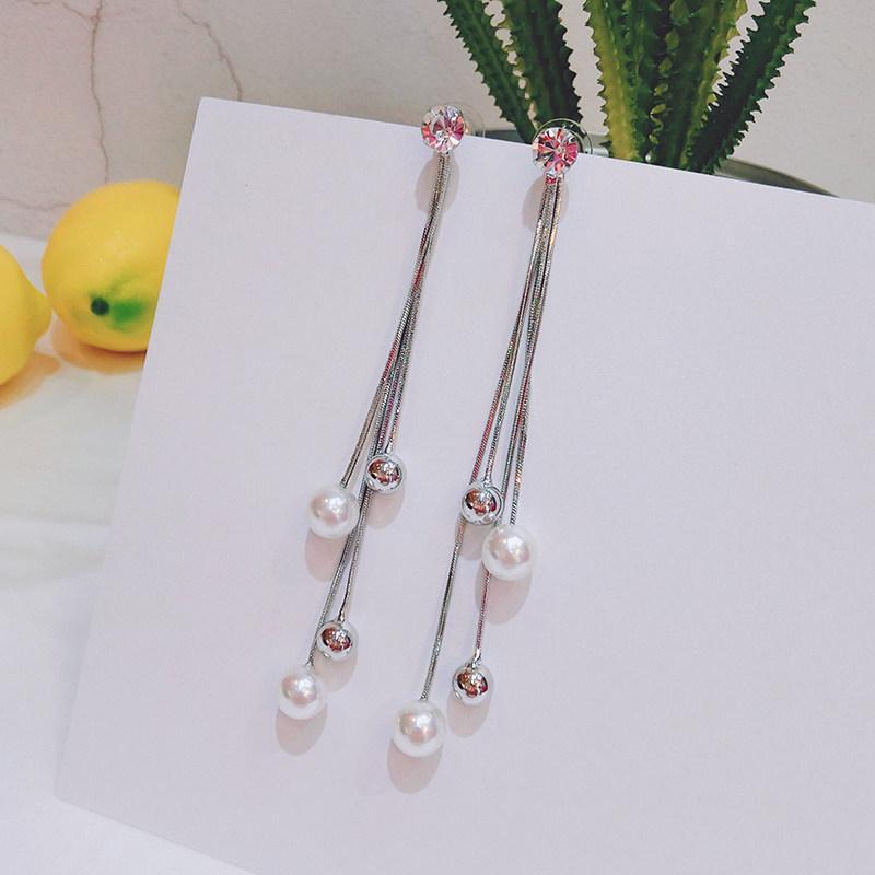 Sparkly Triple Tassel Pearl Earrings-Silver-Theone Apparel