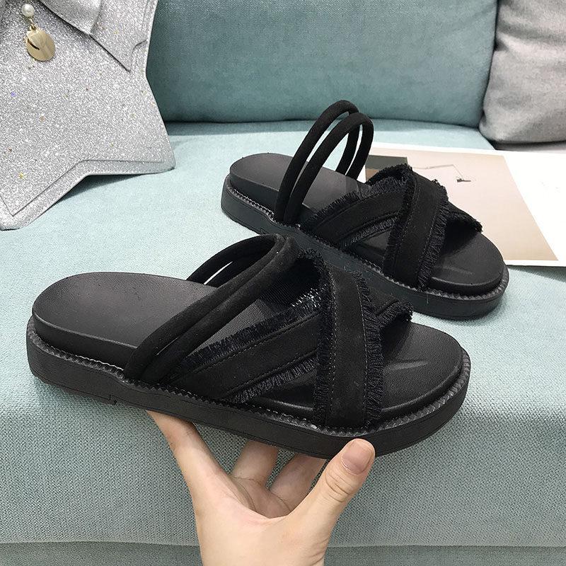 Strappy Fringe Trim Walking Sandal-Black-Theone Apparel