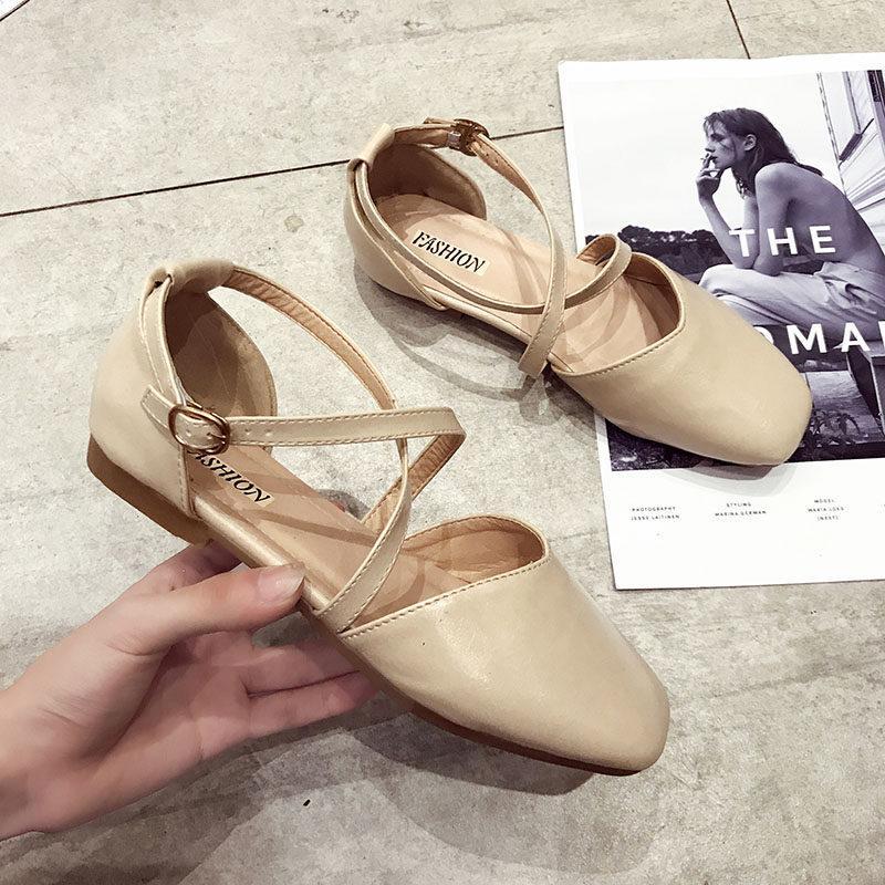 Strappy Maryjane Buckle Flat Sandals-Beige-Theone Apparel