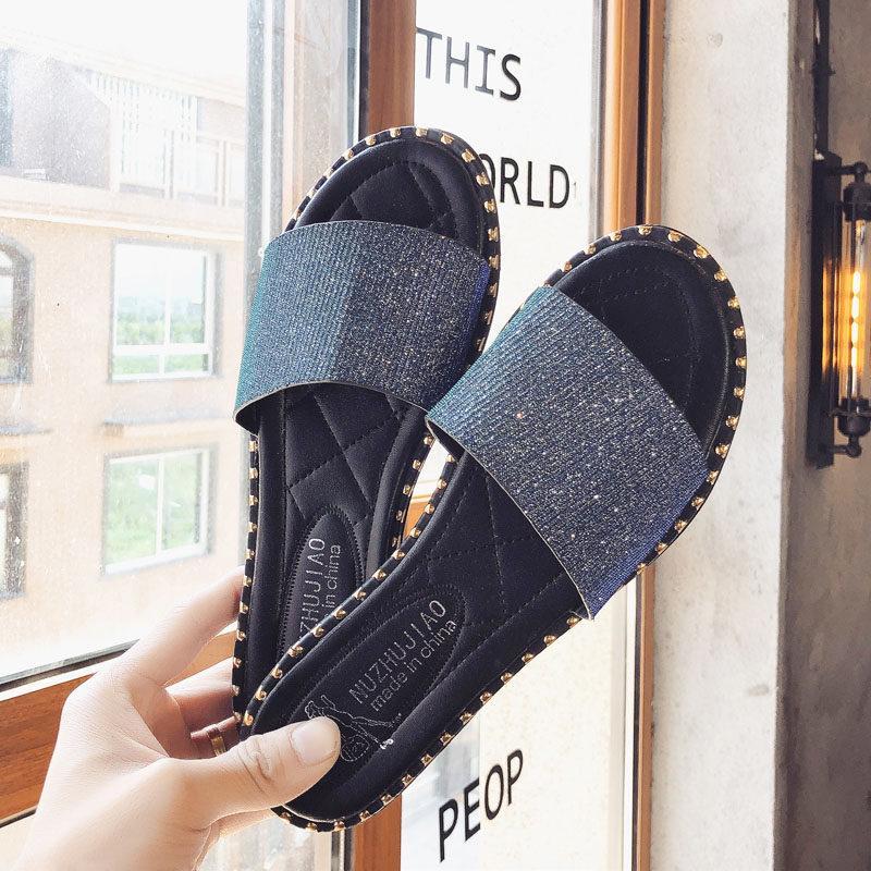 Stud Trim Glitter Slide Slippers-Blue-Theone Apparel