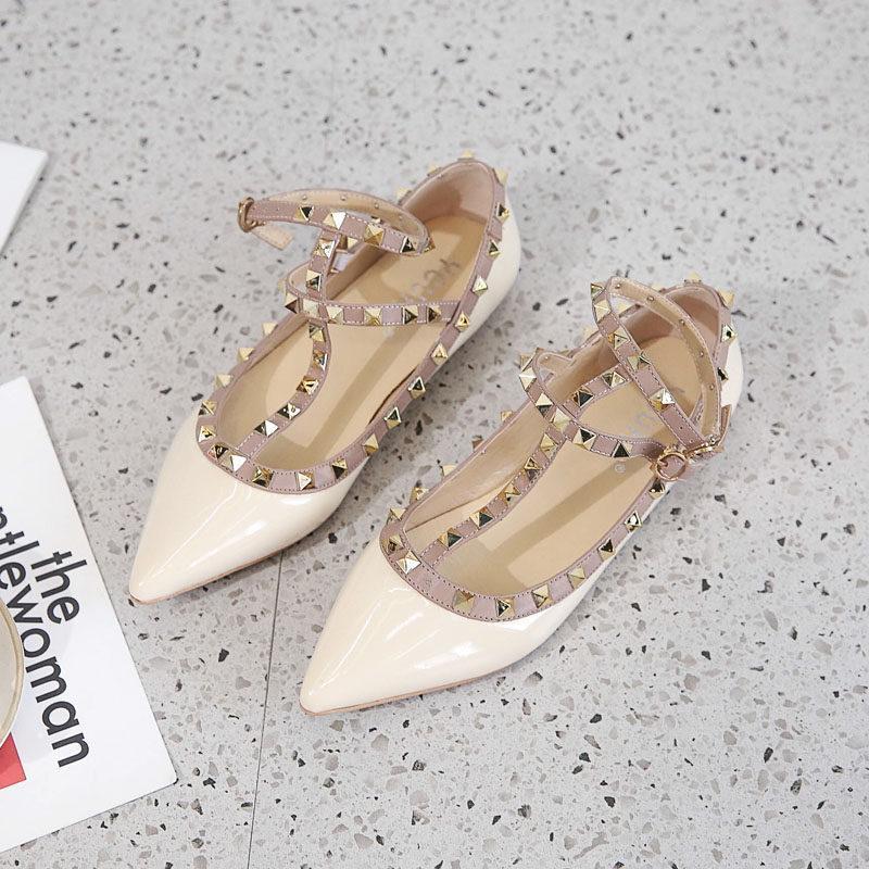 Studded Cage Ankle Fashion Flats-Beige-Theone Apparel