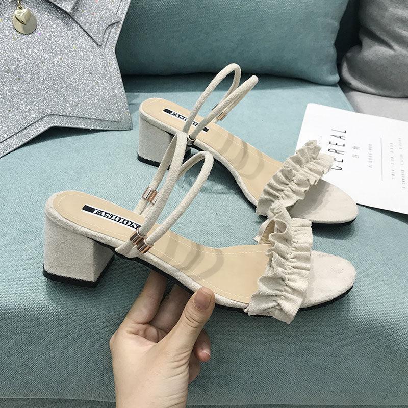 Suede Ruffle Strap Sandal Pumps-Khaki-Theone Apparel