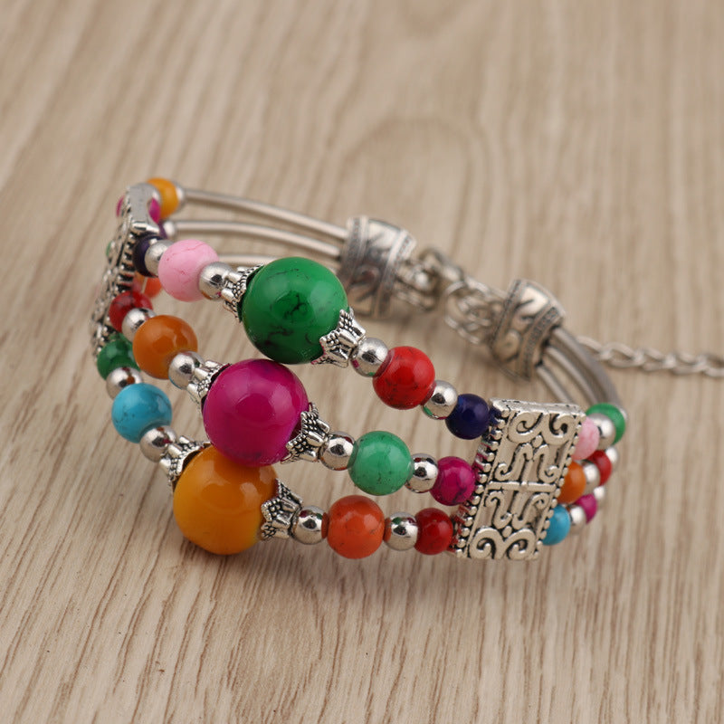 Three Tiered Blue Bead Bracelet-Green/Orange-Theone Apparel