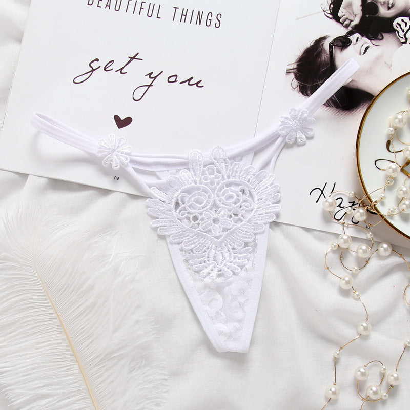 Transparent Embroidered Lace Style Cutout Thongs-White-Theone Apparel