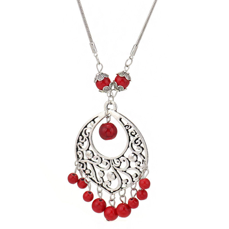 Turquoise Bead Boho Pendant Necklace-Red-Theone Apparel