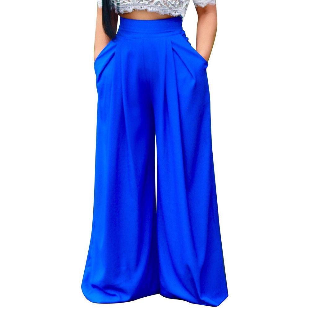 Wide Leg Pleat Front Palazzo Pants-Blue-Theone Apparel