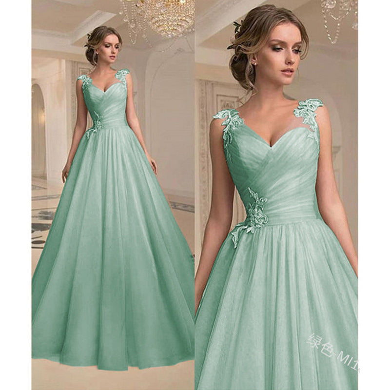 Green Women’s Sleeveless Pastel Ball Gown with Lace Details Front