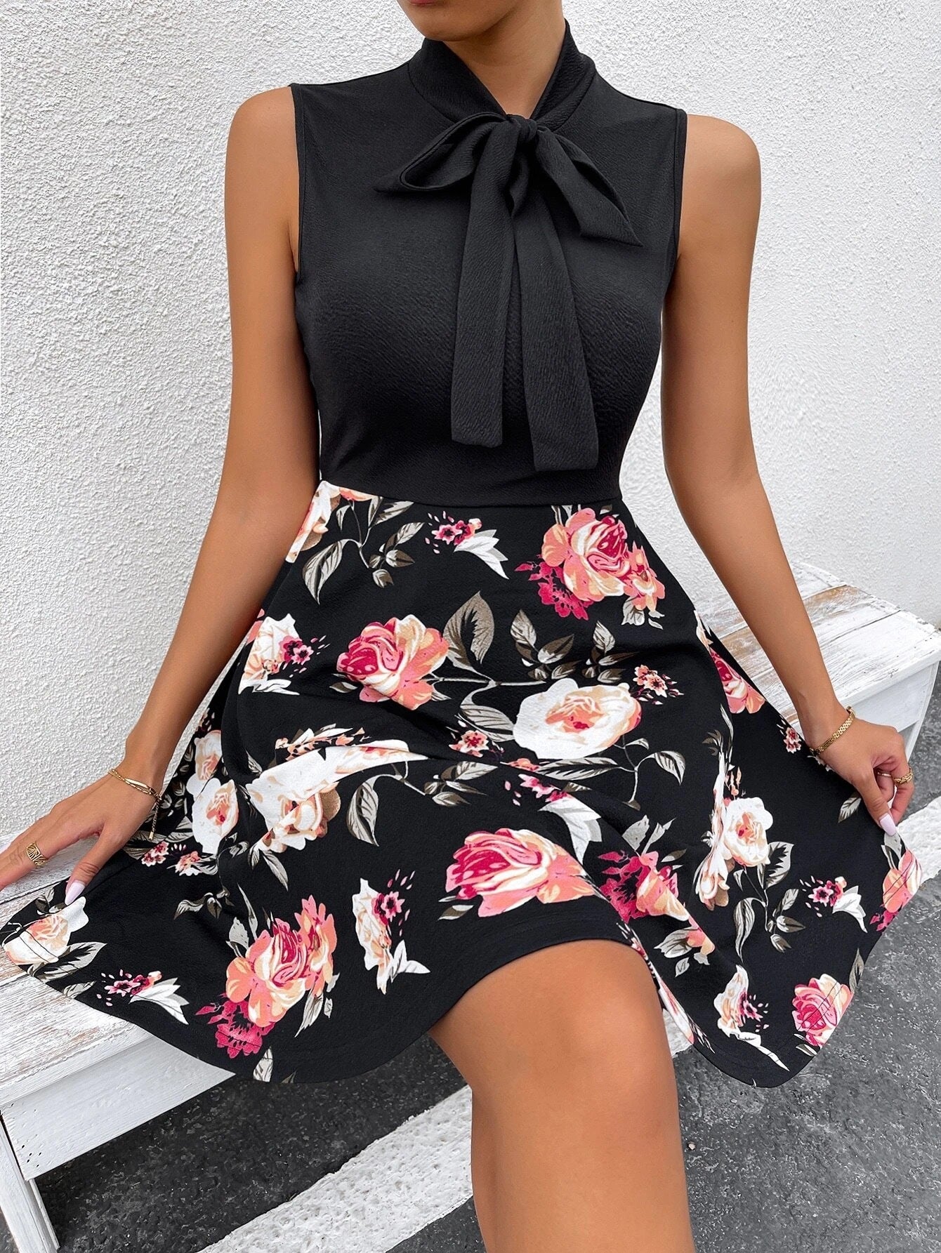 A-Line Sleeveless Floral Dress with Bow Collar - THEONE APPAREL