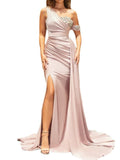 Asymmetrical Gown with Thigh Slit and Trail - THEONE APPAREL