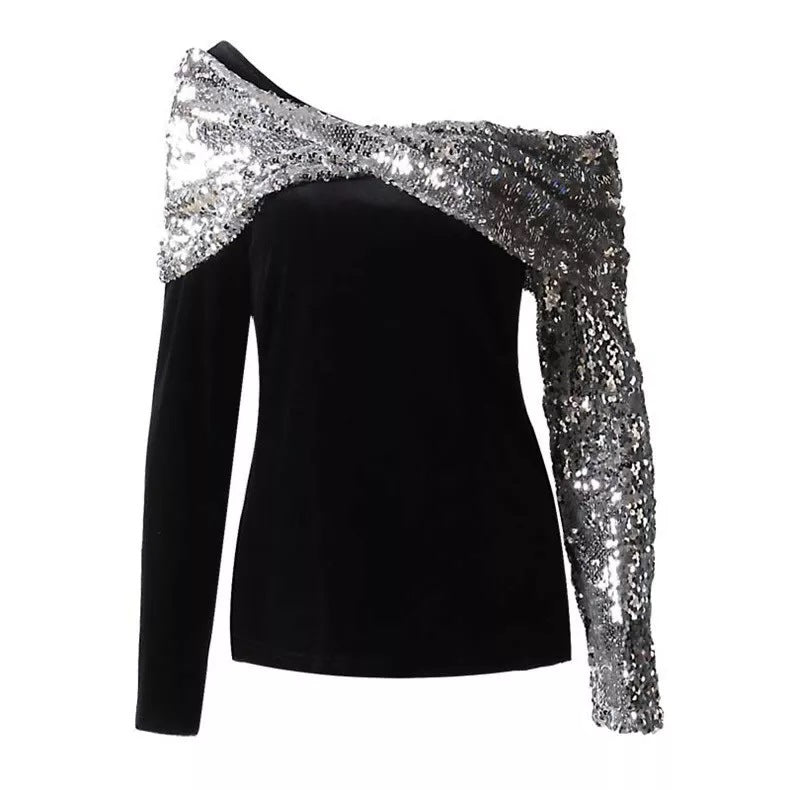 Blouse with Silver Shiny Neckline and Sleeve - THEONE APPAREL