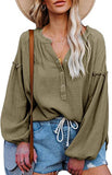 Button Up V-Neck Long Loose Sleeved Top - THEONE APPAREL
