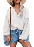 Button Up V-Neck Long Loose Sleeved Top - THEONE APPAREL