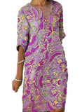 Casual Colorful paisley Inspired Three Quarter Length Sleeve Dress with V-Neck - THEONE APPAREL