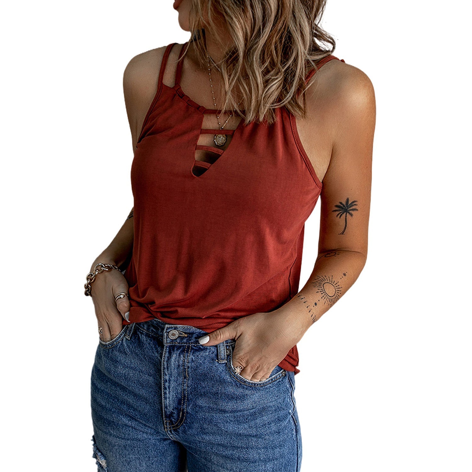 Casual V-neck Strappy Tank Top - THEONE APPAREL