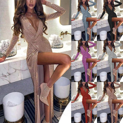 Champagne Color V-Neck Log Sleeve Dress with Thigh Slit - THEONE APPAREL