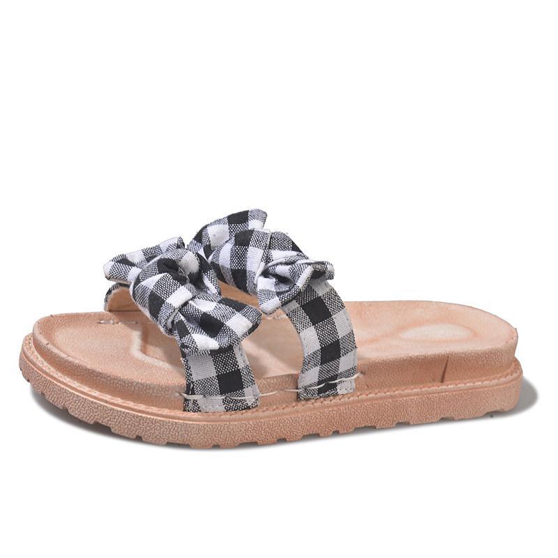 Checkered Bow Contoured Slide Slipper - THEONE APPAREL